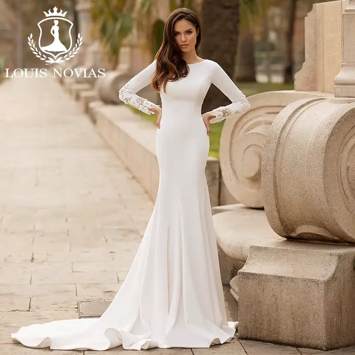 Modiis-Robe de mariée sirène à manches longues, appliques SCOOP élégantes, robe de mariée en satin a