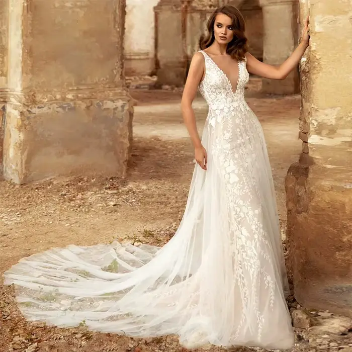 Robe De mariée élégante sirène Organza avec broderie a-ligne robe De bal sans manches col en v robe