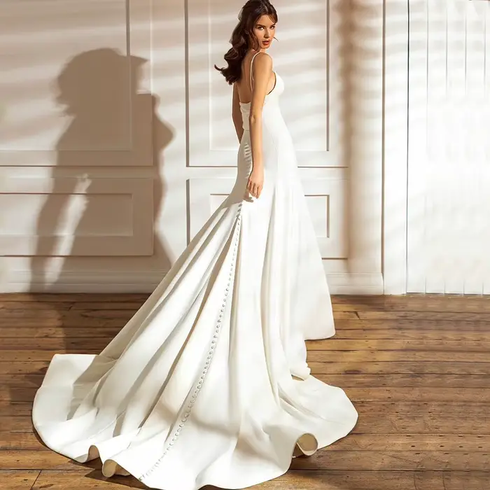 Robe de Mariée Simple à Bretelles Spaghetti, Vêtement Classique à Col en V, en Fibre de Sirène, Longueur au Sol, pour Patients, Dos aux, avec Traîne de Balayage, Personnalisée