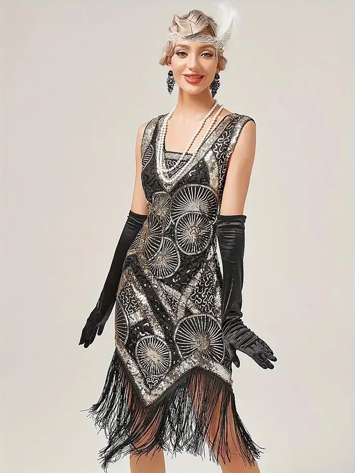 Robe de soirée Charleston style Gatsby pour femmes robe cocktail sequins franges vintage col carré sans manches mi-mollets occasions spéciales