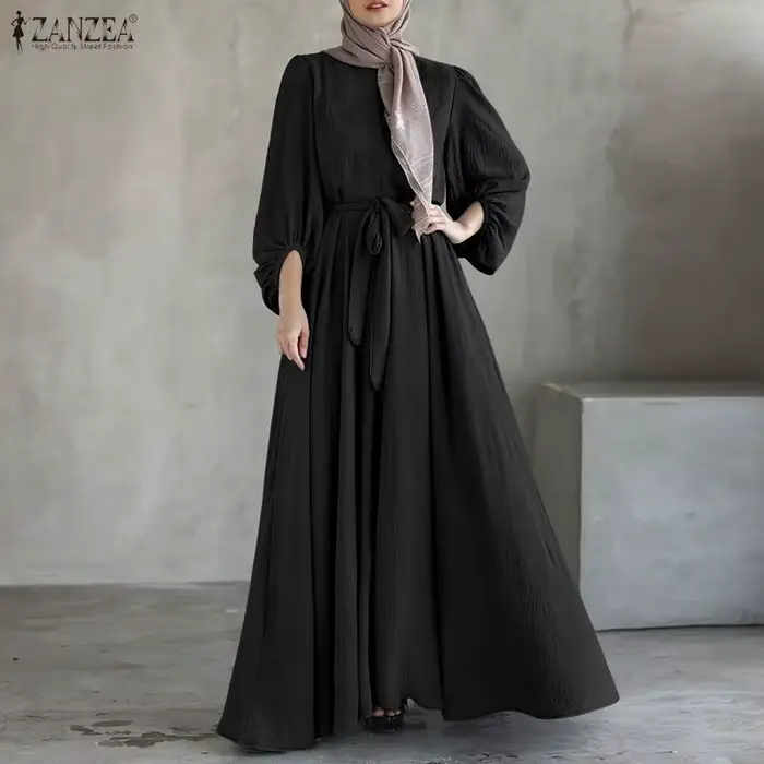 Robe longue modeste ZANZEA pour femme style Abaya col rond manches lanternes ceinture ample pour musulmanes hijab Eid Ramadan Kaftan