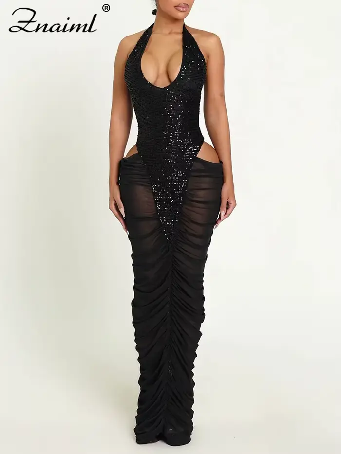 Robe de soirée de luxe Znaiml pour femmes, dos nu, sequins creux, patchwork, sans manches, jupe sirè