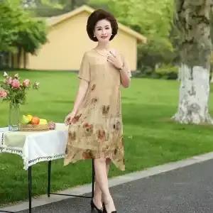 Robe midi en mousseline de soie à fleurs pour femmes d'âge moyen, robe décontractée élégante à manch