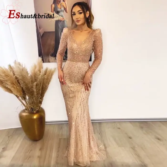 Robe de soirée sirène élégante pour femme 2026, col en V, manches longues bouffantes, perles et sequins, robes de bal et de mariage formelles personnalisées