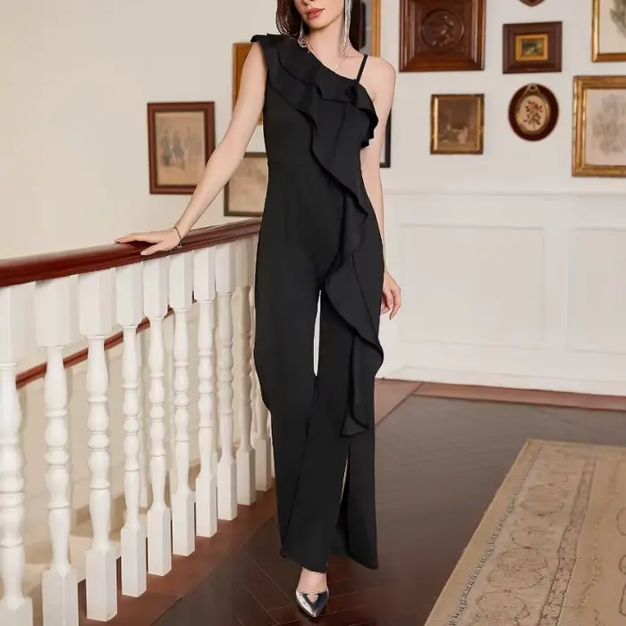 Combinaison Chic asymétrique épaule dénudée à volants pour femmes, Slim, asymétrique, sans manches, 
