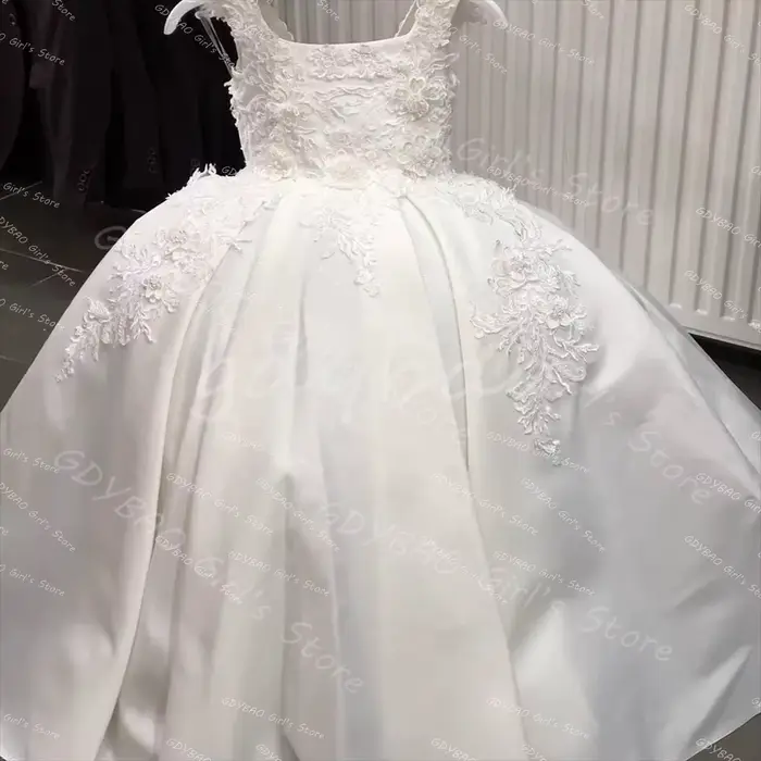 Robe de fille de fleur blanche pour mariage dentelle perlée Satin enfants vêtements
