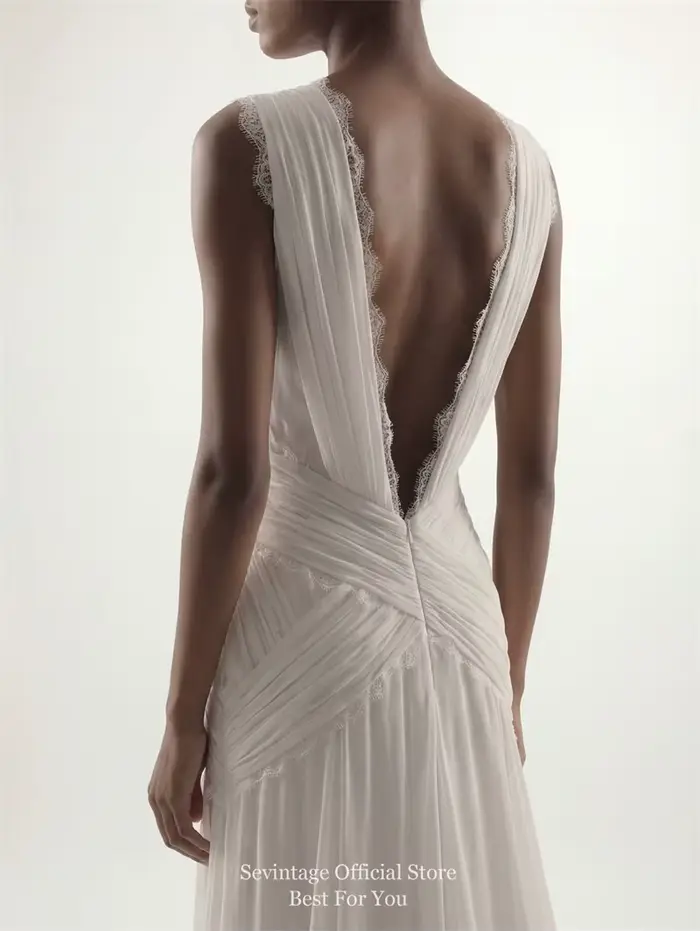 Robe de mariée bohème en mousseline Sevintage col en V sans manches dos nu plissée en dentelle coupe trapèze sur mesure pour femmes enceintes occasions spéciales
