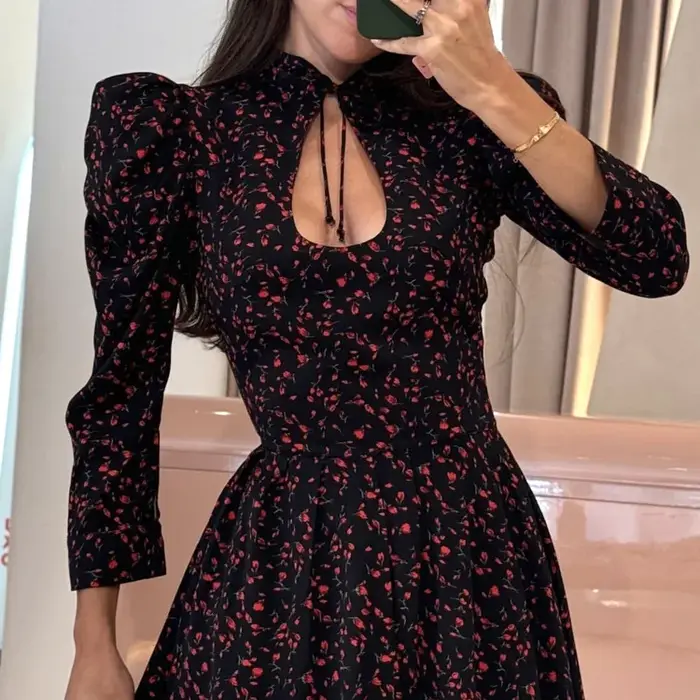 Robe courte florale avec col montant et à nouer, jupe trapèze, taille empire pour femmes, polyester, mini, printemps été