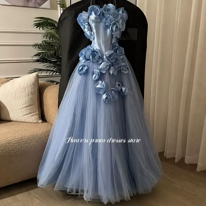Robe de soirée bleue à fleurs 3D élégante pour bal soirée gala personnalisation robes de fête trapèze sans bretelles