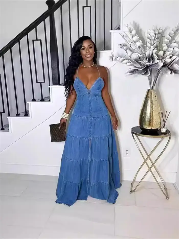 Wmstar Denim robes pour femmes 2025 élégant nouveau doux Sexy col en V profond licou pansement ceinture longue robe en gros livraison directe