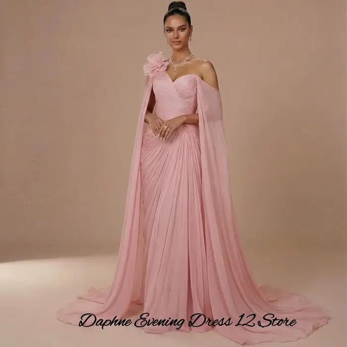 Robe de soirée classique en mousseline à une épaule avec traîne Watteau fleurs 3D pour femmes occasions spéciales soirée mariage gala晚会礼服经典雪纺单肩拖尾设计花卉三维立体剪裁女士特殊场合婚礼派对