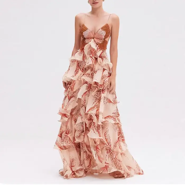 Robe longue plissée à volants, imprimé papillon, Chic, Sexy, col en V, dos nu, à nouer, sans manches