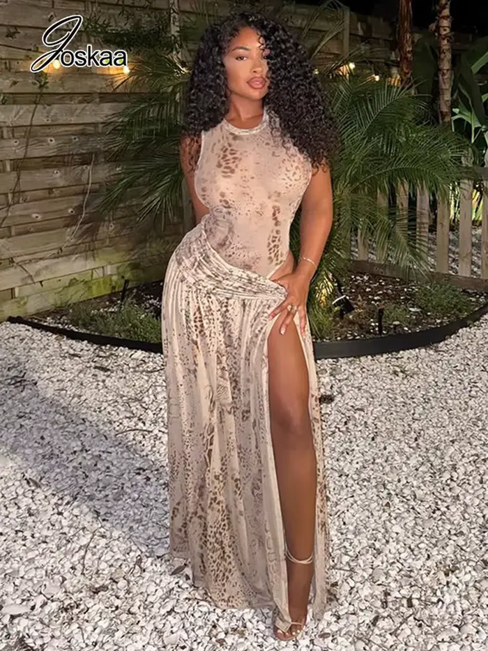 Ensemble 2 pièces imprimé Joskaa pour femme : Bodys sexy sans manches à col rond + Jupe longue fendue froncée
