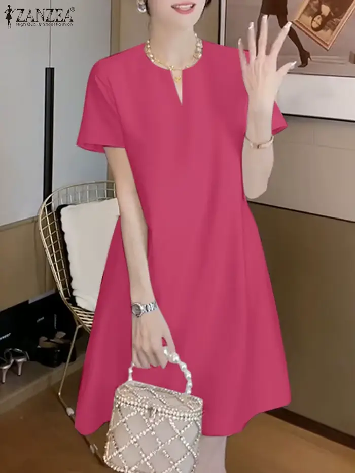 Robe en polyester ZANZEA élégante col en V à manches courtes pour femmes, occasions spéciales et quotidienne