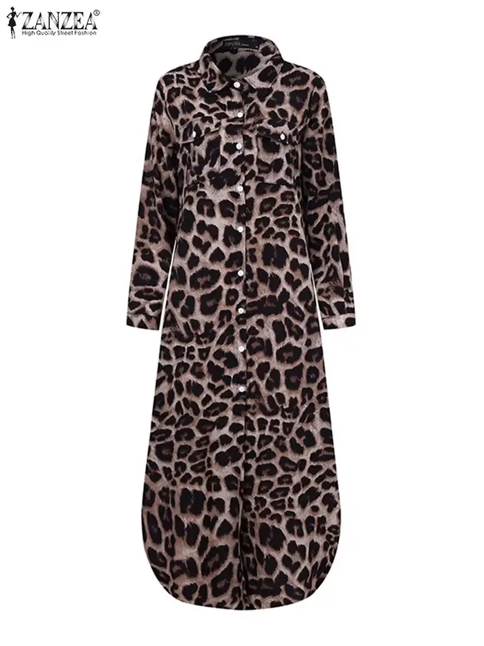 ZANZEA fête Vintage léopard Robe femmes 2025 automne décontracté à manches longues Maxi