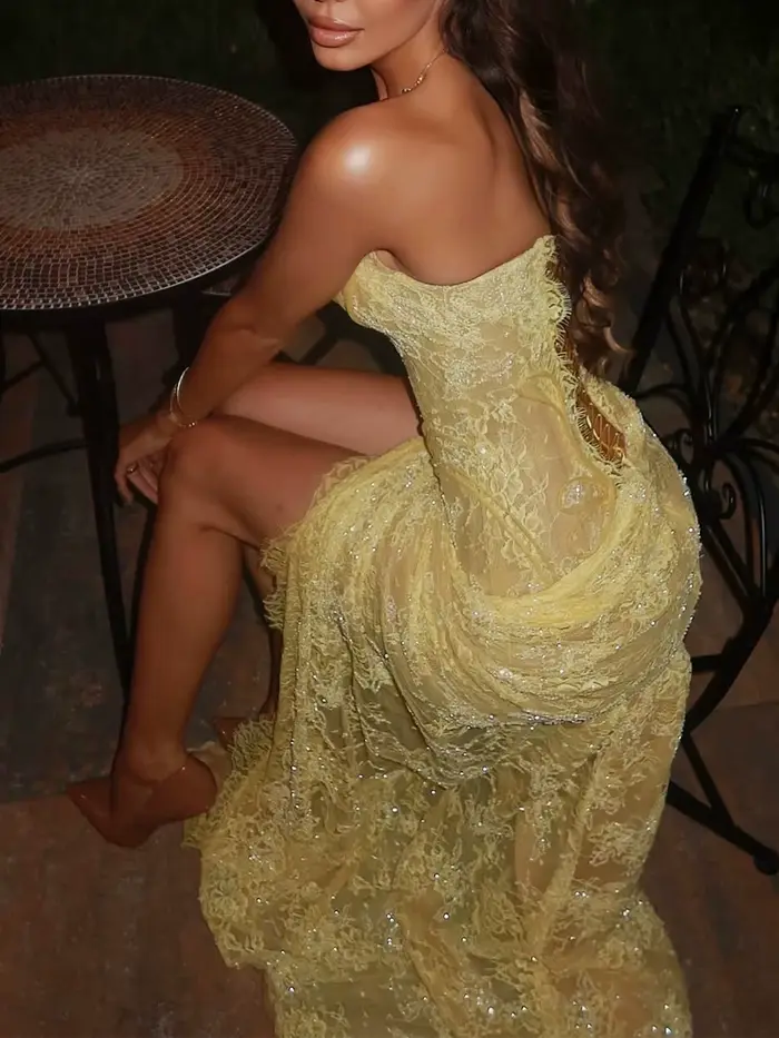 Robe à paillettes jaune clair YAHUI avec dentelle et fente haute pour femmes élégantes occasions spéciales