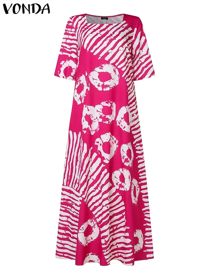 Robe Bohème Maxi VONDA Polyester Élasthanne Longueur au Sol Imprimé Col Carré Pour Femmes Aventures Estivales Loisirs Vacances Fêtes Plage Voyages