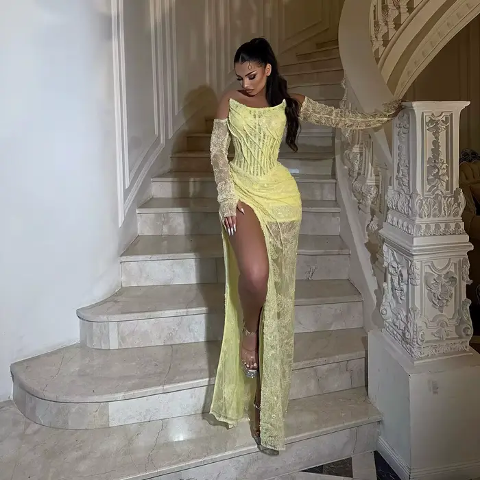 Robes de soirée sirène jaunes, épaules dénudées, dentelle scintillante, robes de bal à manches longu