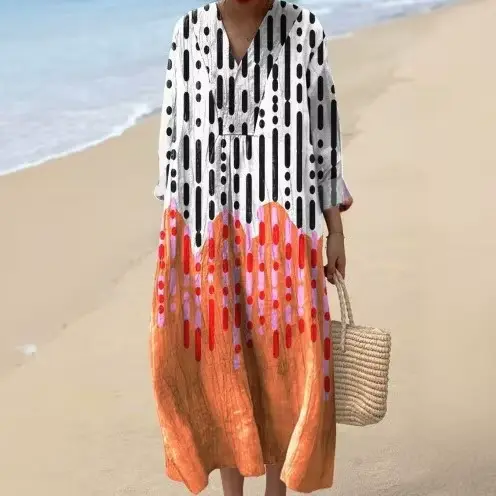 Robe ample de plage col en V imprimée color block pour femme - Style vacances tendance printemps été 2026 - Occasions spéciales et quotidienne
