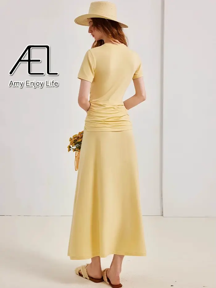 AEL tricoté robe longue femmes col rond couleur unie à manches courtes Robes de soirée printemps automne mince moulante
