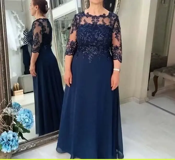 Robes mère de la mariée A-ligne bleu marine, manches 3/4, en mousseline de soie, avec des appliques