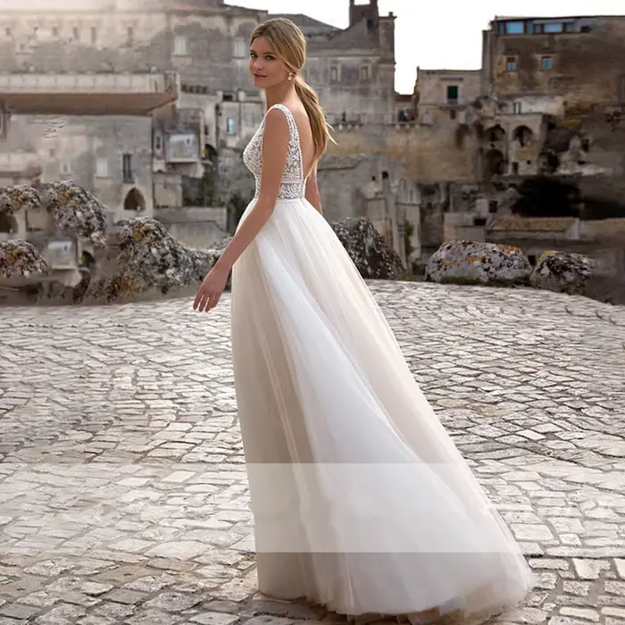 Robe de mariée en polyester et dentelle col en V sans manches pour cérémonie de mariage occasions spéciales