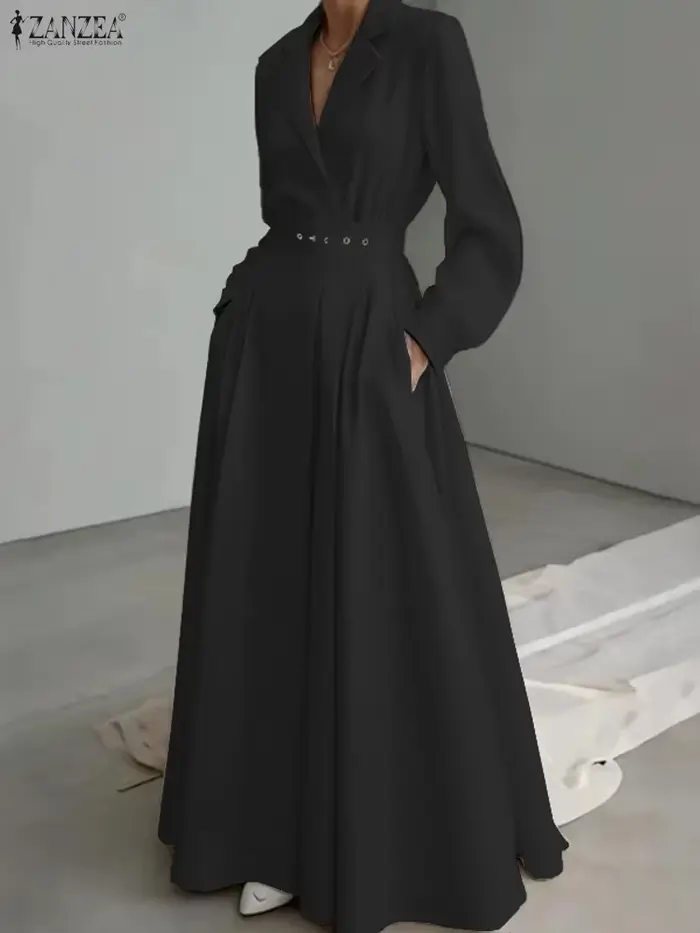 Femmes automne OL Robe de travail ZANZEA 2025 élégant revers à manches longues robes de bureau solid