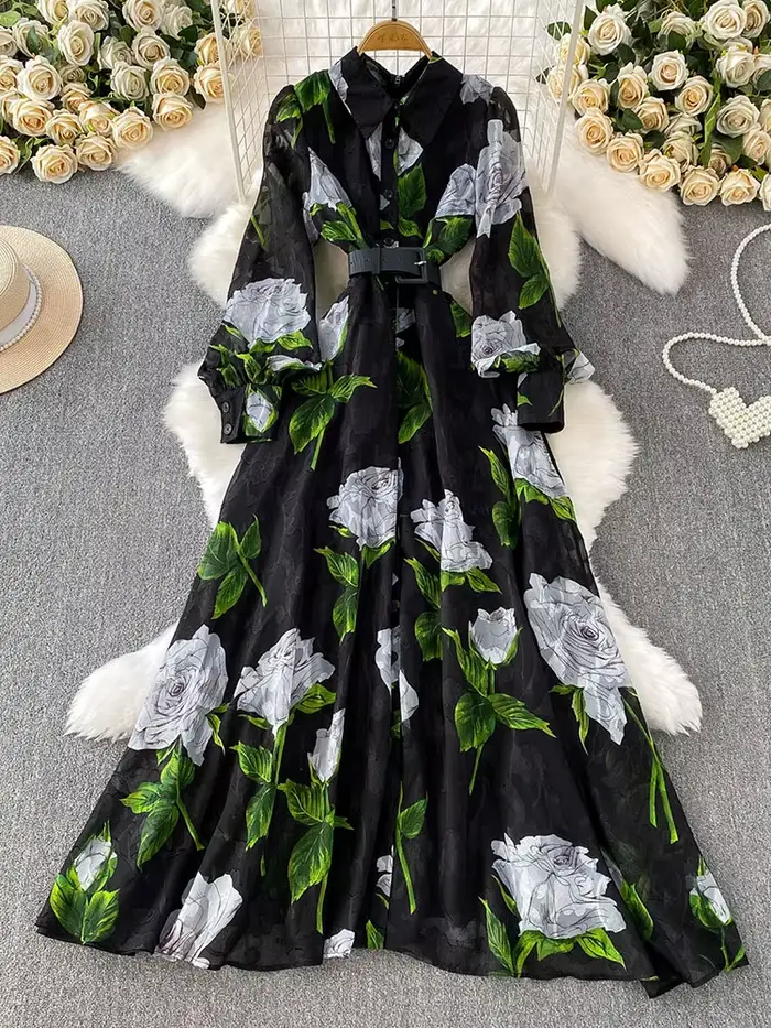 Robe longue élégante pour femme, style vacances françaises, imprimée, à col, manches longues, avec b