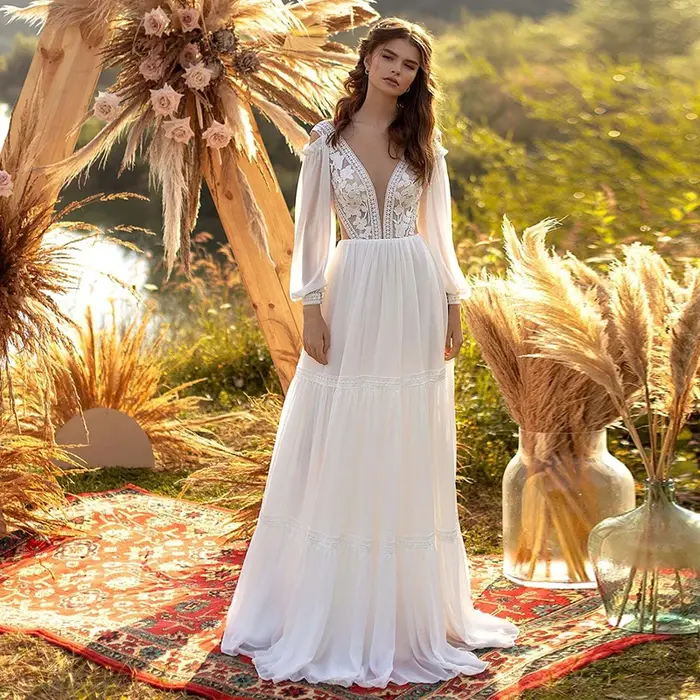 Modiis-Robe de mariée à manches longues avec broderie