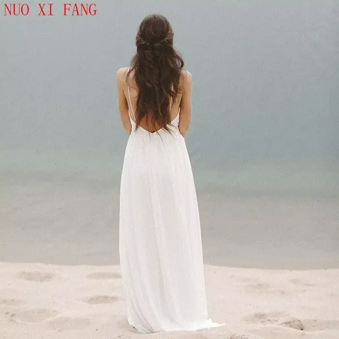 Robe de Mariée Sexy en Mousseline de Soie, Tenue de Plage, Col en V, Dos aux, Bretelles Spaghetti, Style Boho, pour Patients, Bon Marché, 2022