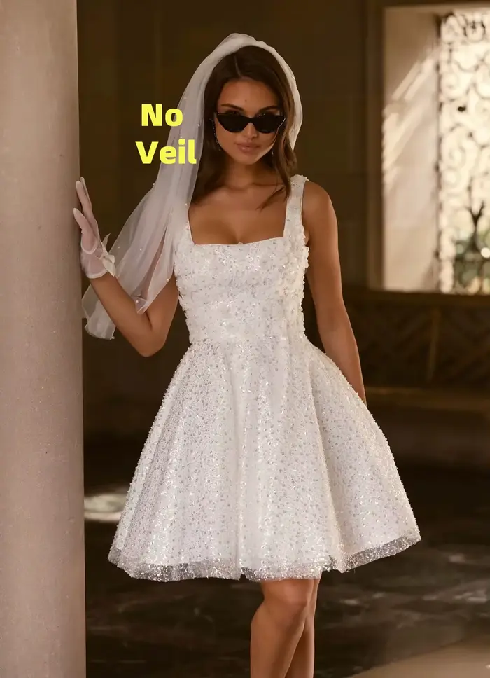 Robe de mariée à paillettes et perles en tulle style mini avec col carré et dos à lacets pour adolescent