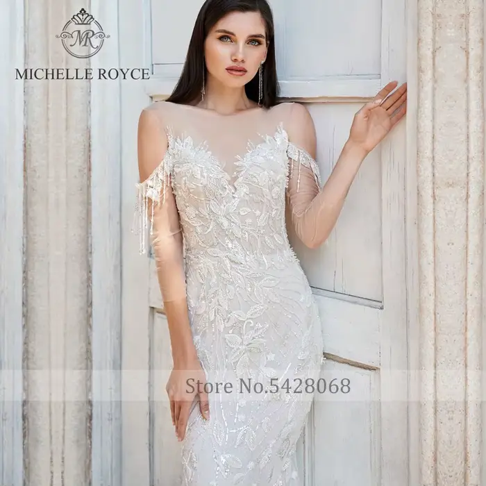 Michelle Royce-Robes de mariée sirène dos nu avec pompon