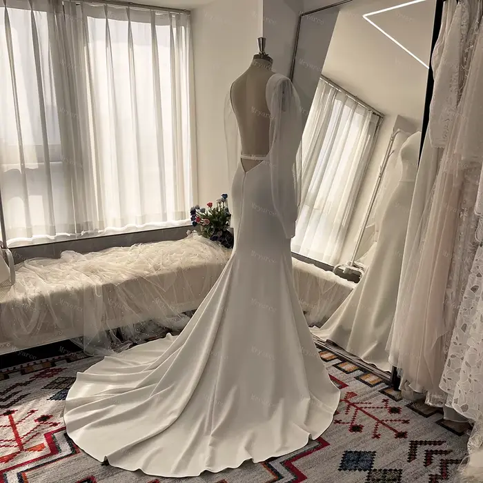 Mryarce robes de mariée extensibles minimalistes longues manches en Tulle plissées dos nu robes de mariée sirène