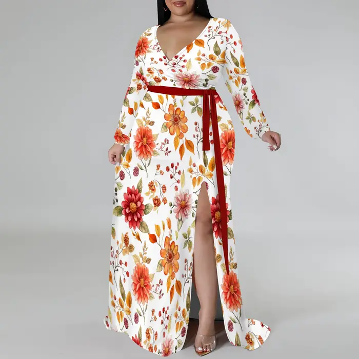Robe grande taille pour femmes courbées, col en V, manches longues, robe Maxi fendue, robe d'invité 