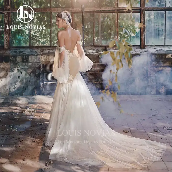 Modis-Robes de mariée sirène dos nu à manches bouffantes