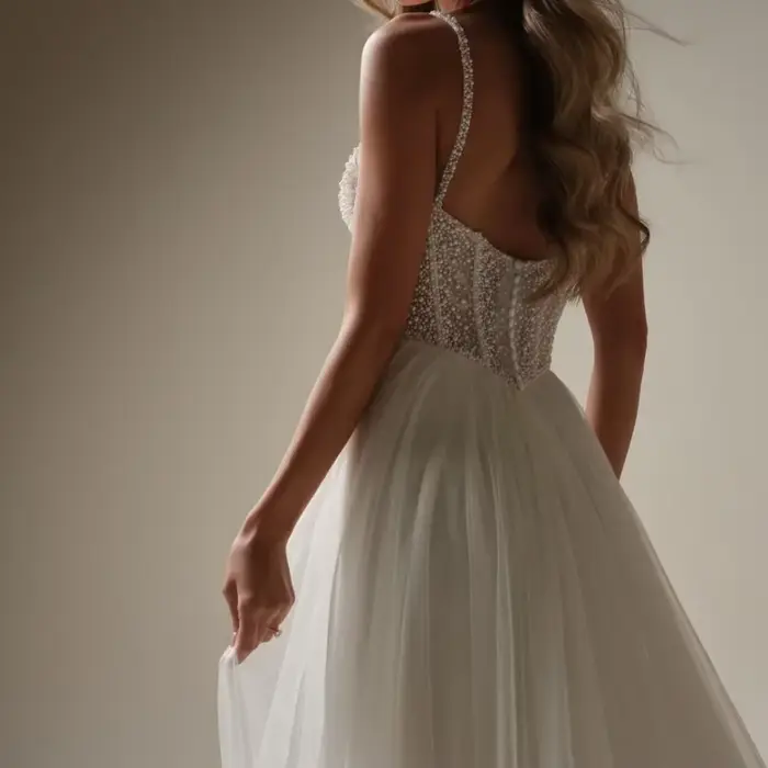 Robe de mariée classique en polyester serti de perles pour femmes occasions spéciales sans manches silhouette une ligne décolleté mon amour
