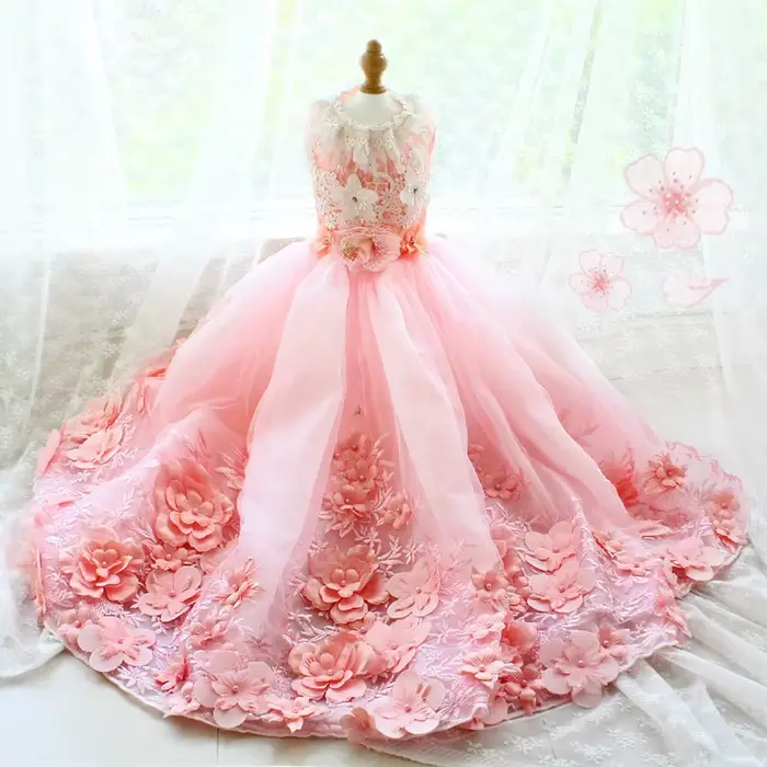Robe de mariée rose pour chien faite à la main avec jupe brodée de fleurs 3D, tenue de soirée prince