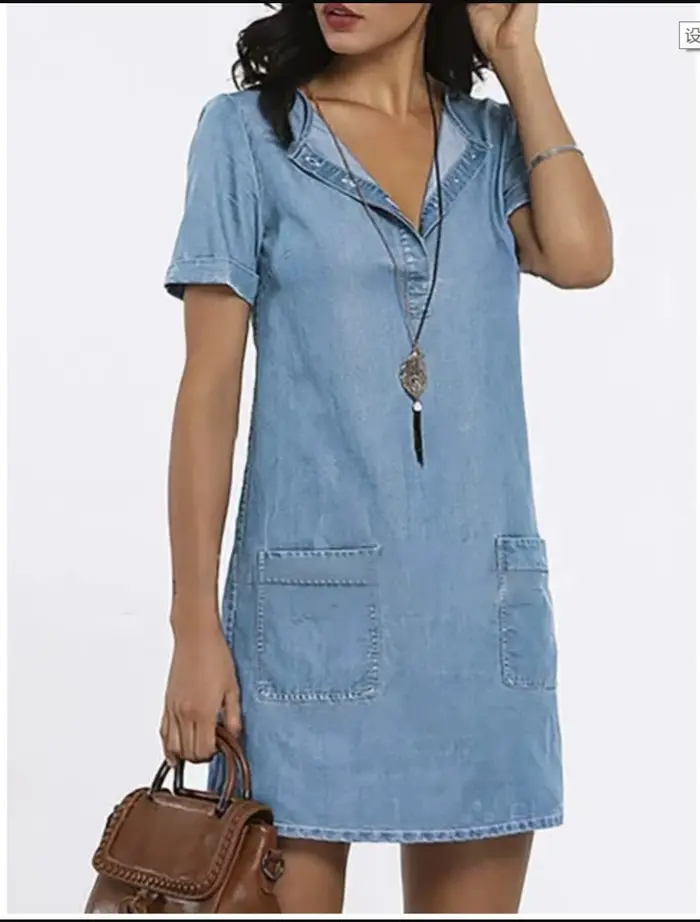 Robe en jean épissé pour femmes, col rond, boutons, poches solides, manches courtes, mi-longue, légè