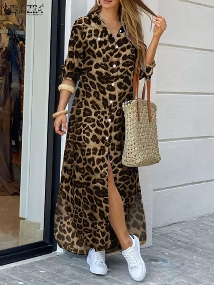 ZANZEA fête Vintage léopard Robe femmes 2025 automne décontracté à manches longues Maxi