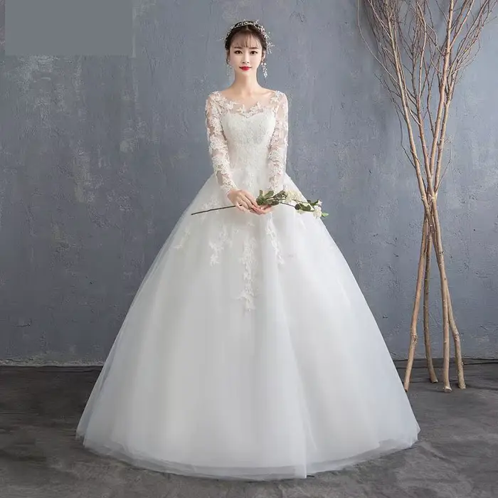 Robe de mariée à lacets brodée en voile, dentelle et organza, taille personnalisée, princesse, longueur au sol, col rond, manches longues, occassion spéciale