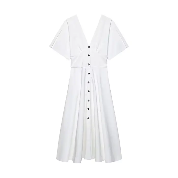 Robe longue blanche élégante, manches courtes, col en v, boutons, taille haute, Slim, ligne a, été,
