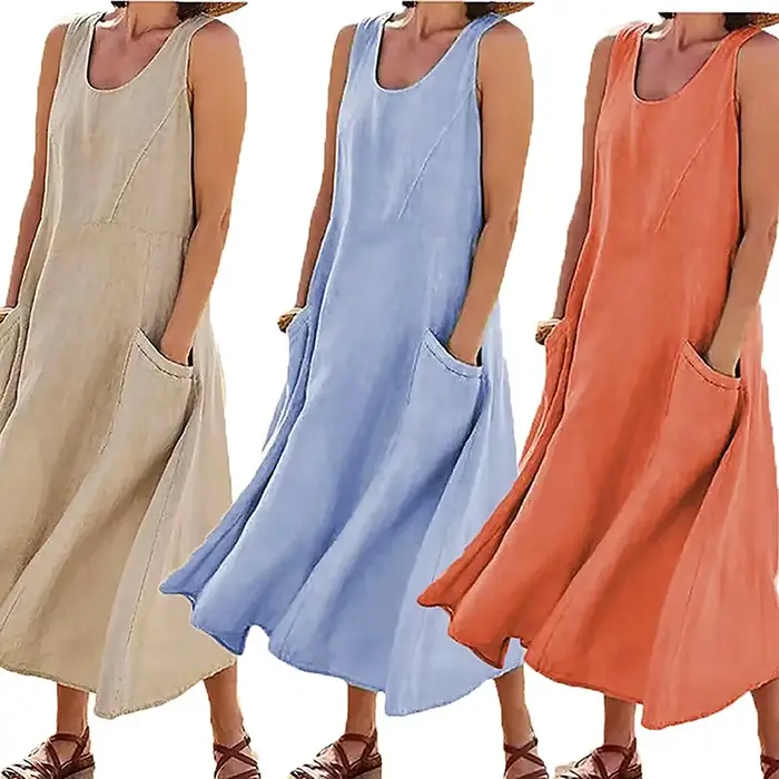 Robe élégante sans manches en coton et lin pour femmes