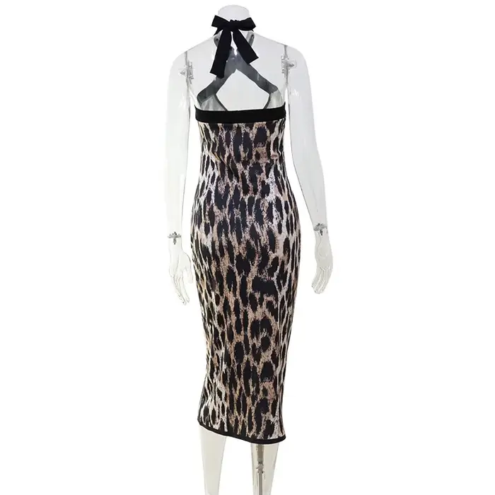 Robe en fibre de polyester à imprimé léopard col en V pour femmes élégantes et audacieuses occasions spéciales soirée club
