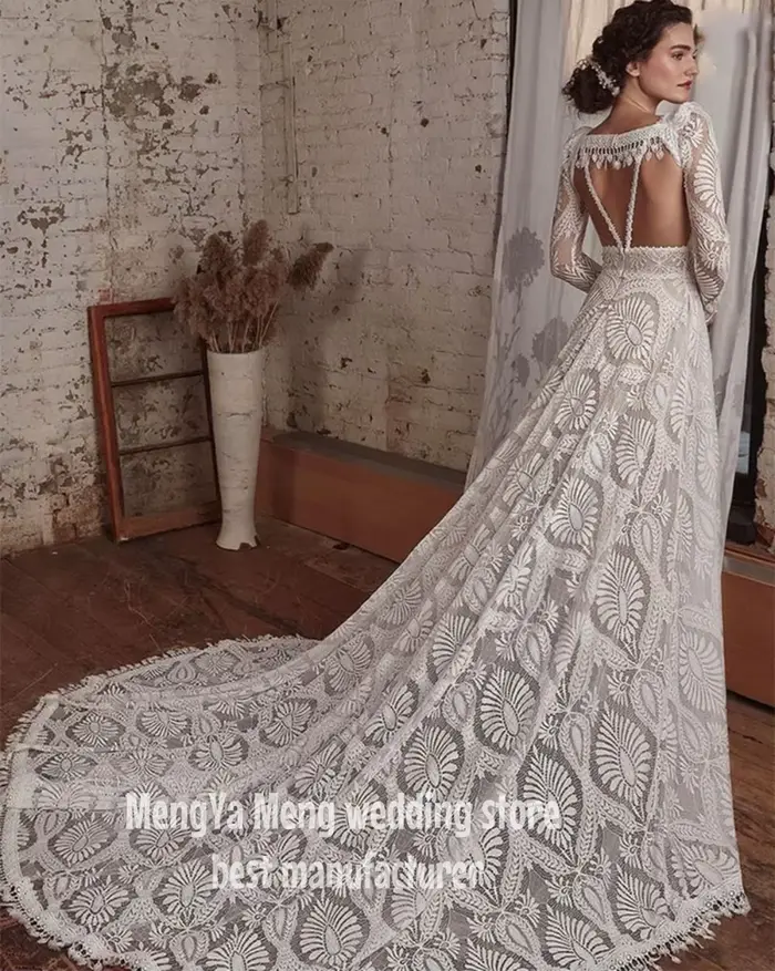Robe de mariée bohème style boho sexy avec manches longues détachables ligne A col en V dentelle dos nu bretelles spaghetti personnalisée pour femmes occasions spéciales