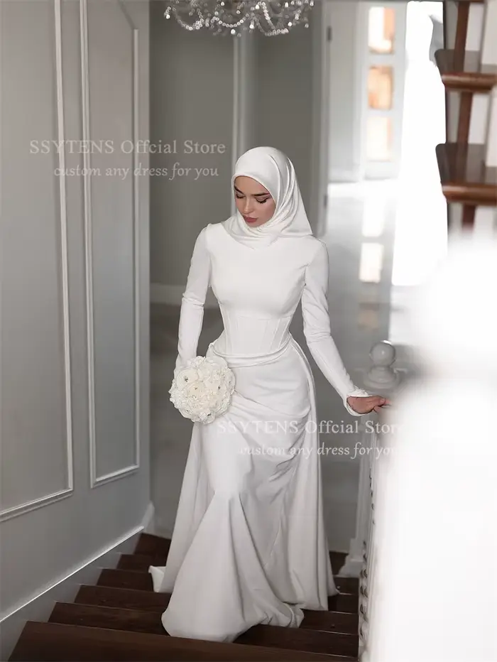 Robe de mariée musulmane SSYTENS sirène/trompette col montant voile personnalisable pour cérémonie de mariage et occasions spéciales