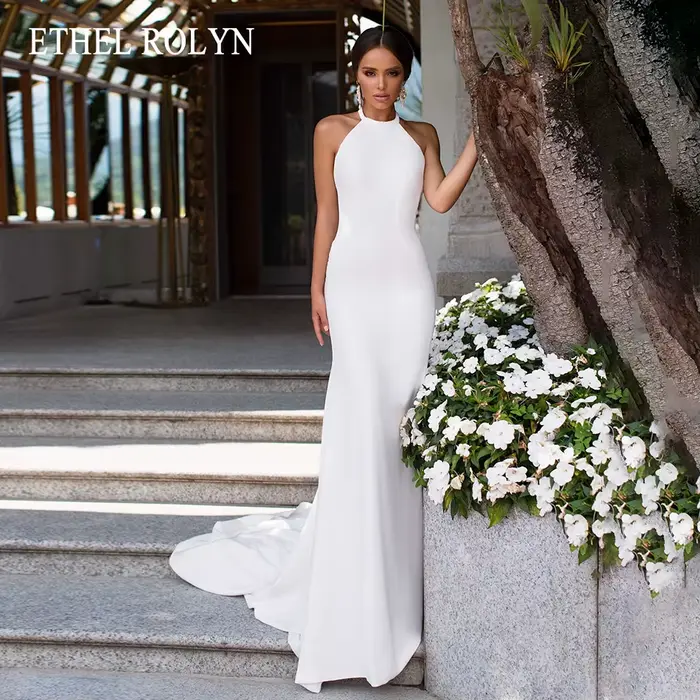 ETHEL ROCirCN-Robe de Mariée Sirène en Satin, Tenue Éducative Sexy, Dos aux, Col Licou, Commande, Pl