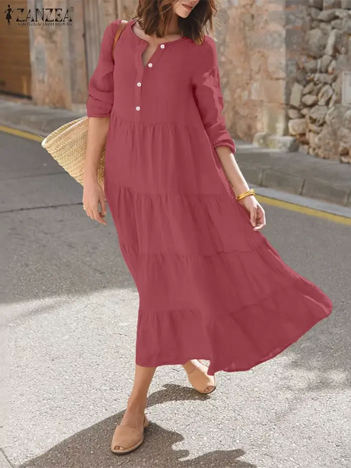 2025 ZANZEA femmes élégantes à manches longues robes de travail 2025 automne une ligne Robe ample élégant boutons