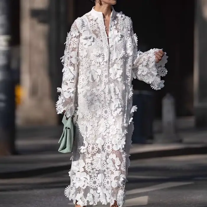 Robe élégante en polyester avec broderie et col en V pour femmes, idéale pour les soirées, les vacances et les occasions spéciales