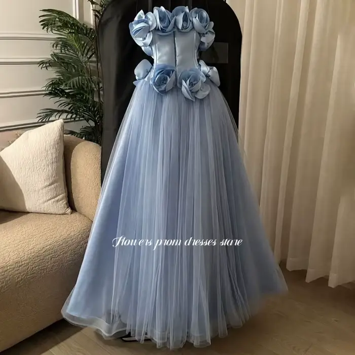 Robe de soirée bleue à fleurs 3D élégante pour bal soirée gala personnalisation robes de fête trapèze sans bretelles