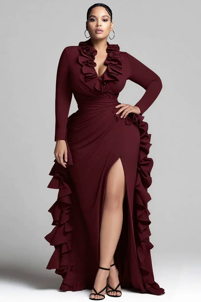 Grande taille formelle bordeaux col en V manches longues volants élégant fendu robes Maxi